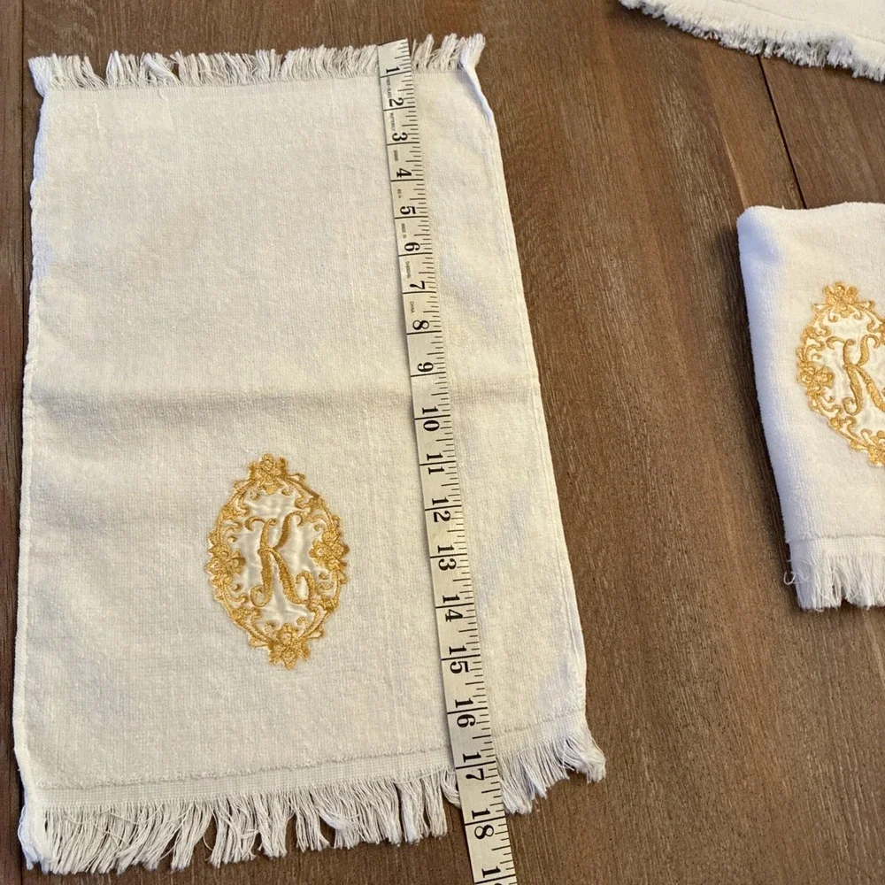 VTG Cannon Monogrammed Initial K Finger Tip Towel Lot Of 3 White With Gold